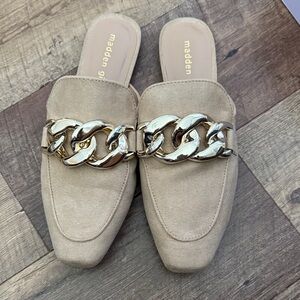 Madden Girl Beige Mules with Metallic Chain